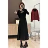 Vestido Nuevo de Color Sólido con Pliegues y Aberturas, Manga Larga, Cuello Redondo para Mujeres Petites, Vestido Largo Línea A para Vestir por Capas, Transfronterizo