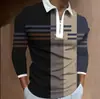 Nova camisa polo casual confortável de primavera e outono, com estampa 3D, manga longa, zíper, listrada, gola padre, camisa polo para atividades ao ar livre