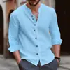 Nova camiseta de manga longa transfronteiriça para homens, camisa de linho versátil com botões, corte solto, estilo business casual