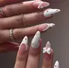 Uñas Postizas Populares Transfronterizas Estilo Francés Forma de Almendra Perla Manicura Francesa Estilo Europeo y Americano Moño 3D
