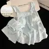 Conjunto de Pijama de Algodón Suave Estilo Coreano Azul Claro Camisola de Manga Corta Texturizada y Shorts con Sujetador Incorporado para Mujer Ropa de Casa