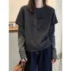 Camiseta Térmica Gruesa de Manga Larga Falsa de Dos Piezas Rayada Gris Oscuro para Mujer, Estilo Coreano, Moderna, Versátil, Top Adelgazante, Camiseta Base