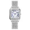 Reloj de Cuarzo para Mujer Cuadrado Totalmente Incrustado con Pedrería, Correa de Pulsera Plateada, Esfera con Números Romanos, Lujoso Reloj de Pulsera para Dama