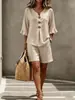 Conjunto de Top Casual de Botones con Cuello en V y Volantes de Tres Cuartos y Shorts para Mujer Nuevo Transfronterizo Europeo y Americano