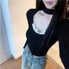 Outono Novo Slim-fit Slimming Neck Strap Botão Malha Renda Costura Manga Longa T-shirt Spice Girls Top Sexy