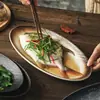 Prato de Peixe Estilo Japonês Cerâmica para Casa Louça Prato Oval Prato para Peixe Cozido Criativo Grande Novo Prato para Servir Peixe Cozido