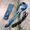 Cuchillo, Tenedor, Cuchara y Silbato de Supervivencia de Emergencia Siete en Uno para Senderismo y Camping al Aire Libre, Juego de Cubiertos Portátil Multifuncional