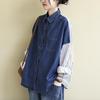 Camisa Larga Artística Holgada para Mujer Tallas Grandes 2026, Nuevo Estilo Primavera y Otoño, Cuello Campana, Rayas de Mezclilla Patchwork, Top Versátil