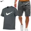 Tendencia de Moda de Verano Camiseta Redonda Estampado 3D Pantalones de Cinco Cuartos con Cordón Conjunto de Dos Piezas Holgado Casual Deportivo Traje para Hombre