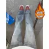 Jeans Retrô Americano para Homens e Mulheres, Novo Estilo Outono e Inverno, Design de Marca Tendência, Corte Reto Solto, Calças Longas com Forro de Lã