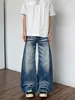 Calça Jeans Curva Lavada com Bigodes Estilo Retro Americano para Homens, Estilo High Street, Calça Flare Solta de Perna Larga Cleanfit para o Verão