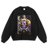 Sudadera con capucha y estampado de dibujos animados desgastada, negro lavado retro americano, moderna, estilo anime, sudadera de cuello redondo sin cierre