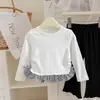 Camiseta de Manga Longa para Meninas Estilo Primavera e Outono Algodão Puro Babado Patchwork Xadrez Top para Bebê Gola Redonda Camada Base Roupa Infantil