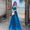 Vestido de renda azul estilo francês com retalhos, sem costas e com alças para mulheres, verão, amarração, elegante, para férias na praia, transparente, longo