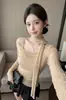Puro Deseo Chica Dulce Camiseta Transparente de Manga Larga con Tirantes al Cuello Estilo Suave Sexy Francés Top Adelgazante para Mujer