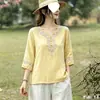 Camisa de algodão e linho bordada estilo vintage com decote em V para mulheres, top pulôver casual solto, blusa modeladora