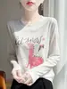 Nueva Colección Primavera/Otoño 2026: Camiseta de Manga Larga de Punto, Cuello Redondo, Bloques de Color, Estampado de Dibujos Animados, Corte Holgado, Versátil y a la Moda para Mujer