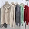 Cárdigan Suéter de Punto Suelto Suave Ceroso para Mujer Otoño e Invierno Estilo Tweed Cuello Redondo Lazo Manga Larga Moda
