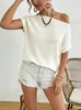 Top de punto blanco roto con hombros descubiertos y manga corta, estilo europeo y americano, corte holgado, adelgazante, suéter de moda para vacaciones de verano