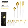 Juego de 4 cuchillos, tenedores y cucharas de acero inoxidable de Amazon transfronterizos. Cuchillo, tenedor y cuchara de acero inoxidable portugués para comida occidental. Caja de regalo de 24 piezas.