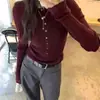 Suéter de punto acanalado de manga larga con cuello Henley estilo coreano para mujer, otoño e invierno, entallado a la cintura, adelgazante, abotonado, capa base, moderno