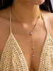 Collar con Forma de Y Estilo Resort Europeo y Americano, Acero Inoxidable Chapado en Oro de 18 Quilates, Moderna Cadena para Clavícula con Borla de Circonita y Perla