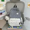 Mochila xadrez muito estilosa e fresca, bolsa escolar para estudantes com acabamento em renda, disponível em vários tamanhos, adequada para o ensino fundamental e médio, e para passeios.