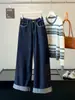 Jeans Feminino Wide Leg Listrado de Cintura Alta Estilo Coreano Retrô Dobrado Chegada Nova Outono 2026 Calça Longa Reta Estreita