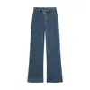 Conjunto de blazer jeans de gola alta, manga de três quartos, moderno, simples e versátil, estilo europeu e americano, e calça jeans flare de cintura alta para mulheres
