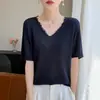 2026 Verano Nuevo Top Camiseta de Punto de Alta Gama para Mujer con Cuello en V, Manga Corta, Color Sólido y Flecos