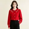 Blusa de tricô com gola redonda, manga longa, jacquard com laço, estilo europeu e americano, novo suéter cardigã de outono e inverno, caimento solto para mulheres
