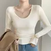 Camiseta feminina estilo coreano com gola U e manga longa, para início de outono, acinturada, elástica, justa ao corpo, decote baixo, top estiloso para usar por baixo