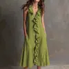 2026 Amazon Europeo y Americano Transfronterizo Primavera y Verano Nuevo Vestido de Color Sólido sin Mangas de Algodón y Lino con Cuello en V y Dobladillo Ancho con Volantes para Mujer