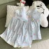 Conjunto de pijama camisola kt, novo estilo de verão com bojos, pode ser usado fora, modelagem solta, malha fina de algodão nuvem para casa para meninas