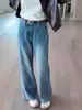 Jeans Azul Retrô Plus Size para Mulheres no Outono e Inverno Gordas mm Corpo em Pera Calças Largas de Cintura Alta Slim Retas Wide-Leg