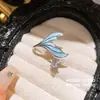 Sirena Azul~ Anillo de Cola de Pez con Goteo de Aceite de Circonita Súper de Hada, Anillo de Lujo Ligero de Alta Gama con Temperamento Dulce y Elegante para Mujeres