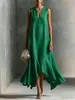 Moda Femenina Independiente Europea y Americana 2026 Sitio Amazon Cuello en V Sin Mangas Color Sólido Dobladillo Irregular Vestido Largo