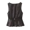 Ropa de Mujer Europea y Americana Aliexpress Ins Popular Moda Efecto Piel Sintética Chaleco con Cinturón + Falda Midi