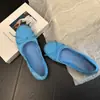 Mocassins Azuis de Couro Macio Femininos 2026 Novo Laço Bico Redondo Slip-on Sapatos Rolinho de Ovo Corte Baixo Rasteirinhas Planas