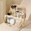 Bolsa de maquiagem grande com divisórias, bolsa de armazenamento de viagem portátil com espelho, necessaire à prova d'água multifuncional para mulheres