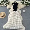 Vestido de Camadas Estilo Bolo Longo com Saia Longa, Tricô Patchwork em Cores Contrastantes, Sem Mangas, para Socialites de Alto Padrão Francês