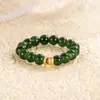 Novo Anel de Prata e Jade Hetian Estilo Chinês para Mulheres, Anel de Dedo Indicador com Cordão Elástico de Jade Sintético Verde de Verão