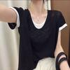 Camiseta de Manga Derecha de Algodón Imitación Bambú Falsa de Dos Piezas con Cuello en V Costuras de Color Contrastante para Mujer Verano Nuevo Delgado Diseño de Color Contrastante Top