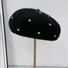 Nuevo Boina de Primavera, Lana, Estilo Hepburn, Elegante, Cálido, Moderno, Práctico para el Transporte, Estilo Redondo con Pedrería y Perlas para Mujer
