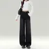 Calça Jeans Feminina Wide Leg Preta e Cinza, Tendência Primavera 2026 Versátil Novo Design Patchwork Comprimento Total