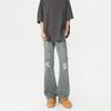 Jeans Rasgados Distressed Cinza Carvão para Homens, Estilo Vibe American High Street, Calças Cimitarra, Caimento Não Justo, Calças Compridas Ligeiramente Evasê