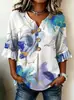 Verão Customizado Feminino Plus Size Manga Bufante Estampada Camisa Decote V Manga Sino Top Estampado Moda Feminina
