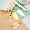 Conjunto de faca e garfo para bolo em aço inoxidável dourado, garfo para frutas em aço inoxidável, faca e garfo para bolo lunar banhados a ouro, logotipo imprimível