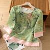 Blusa de algodón y lino de media manga con diseño floral de organza y costuras para mujer, estilo retro artístico, de alta calidad, de algodón y lino, talla pequeña, nueva.