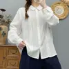 Camisa listrada com retalhos vazados e gola estilo artístico descontraído para mulheres, camisa azul de manga comprida, base de camisa de musseline de algodão dupla camada